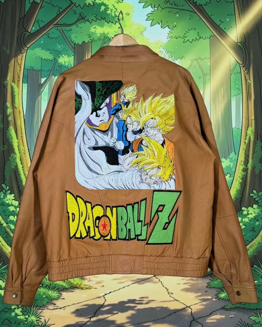 Light Brown Jacket Leather - Shenron Embroidery Front - Cell Games Embroidery Back