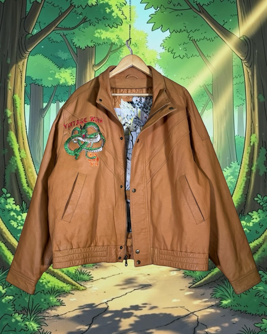 Light Brown Jacket Leather - Shenron Embroidery Front - Cell Games Embroidery Back