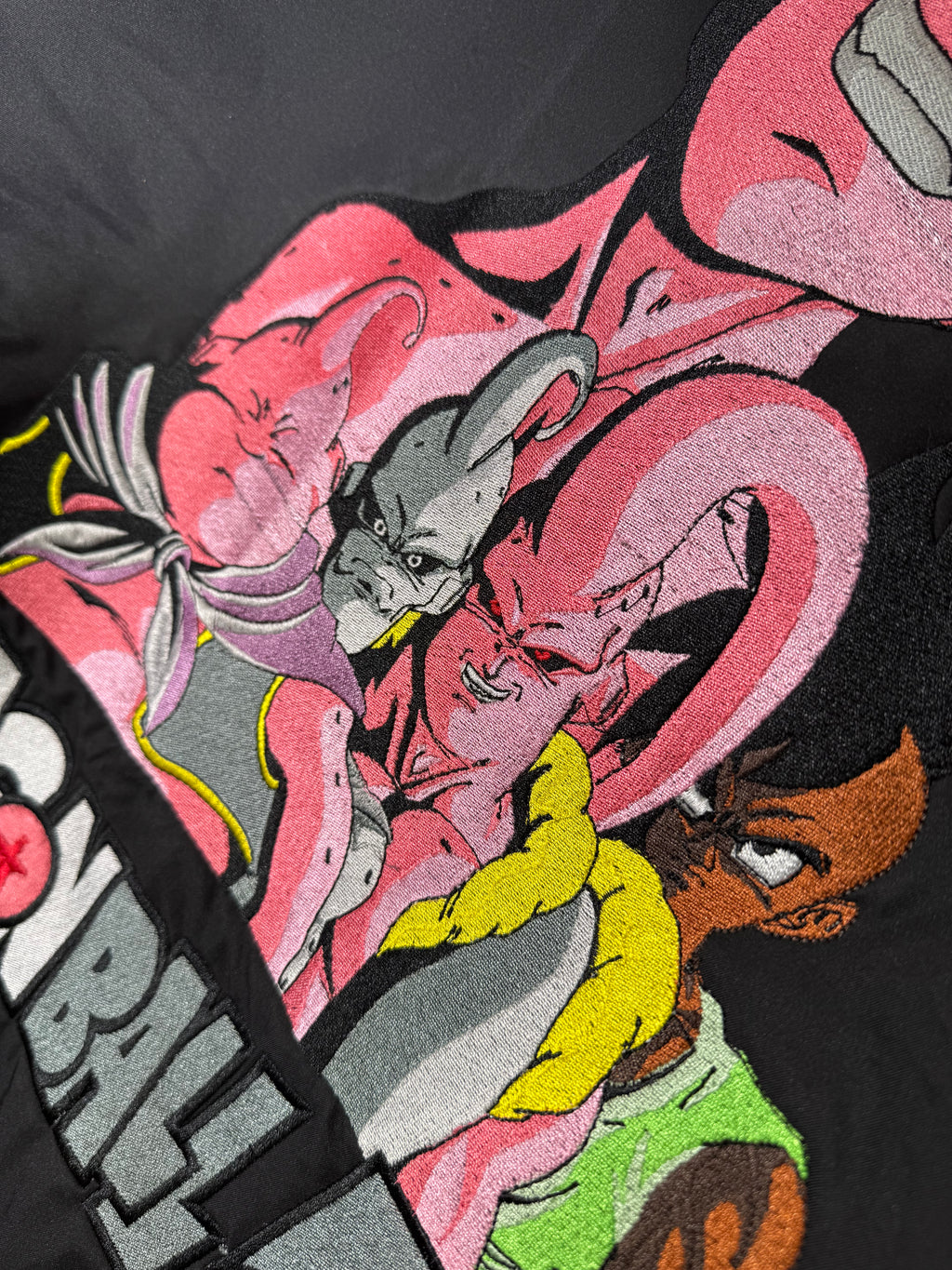 Black and Gray Varsity Jacket - Pink Shenron Embroidery Front - Majin Buu Embroidery Back