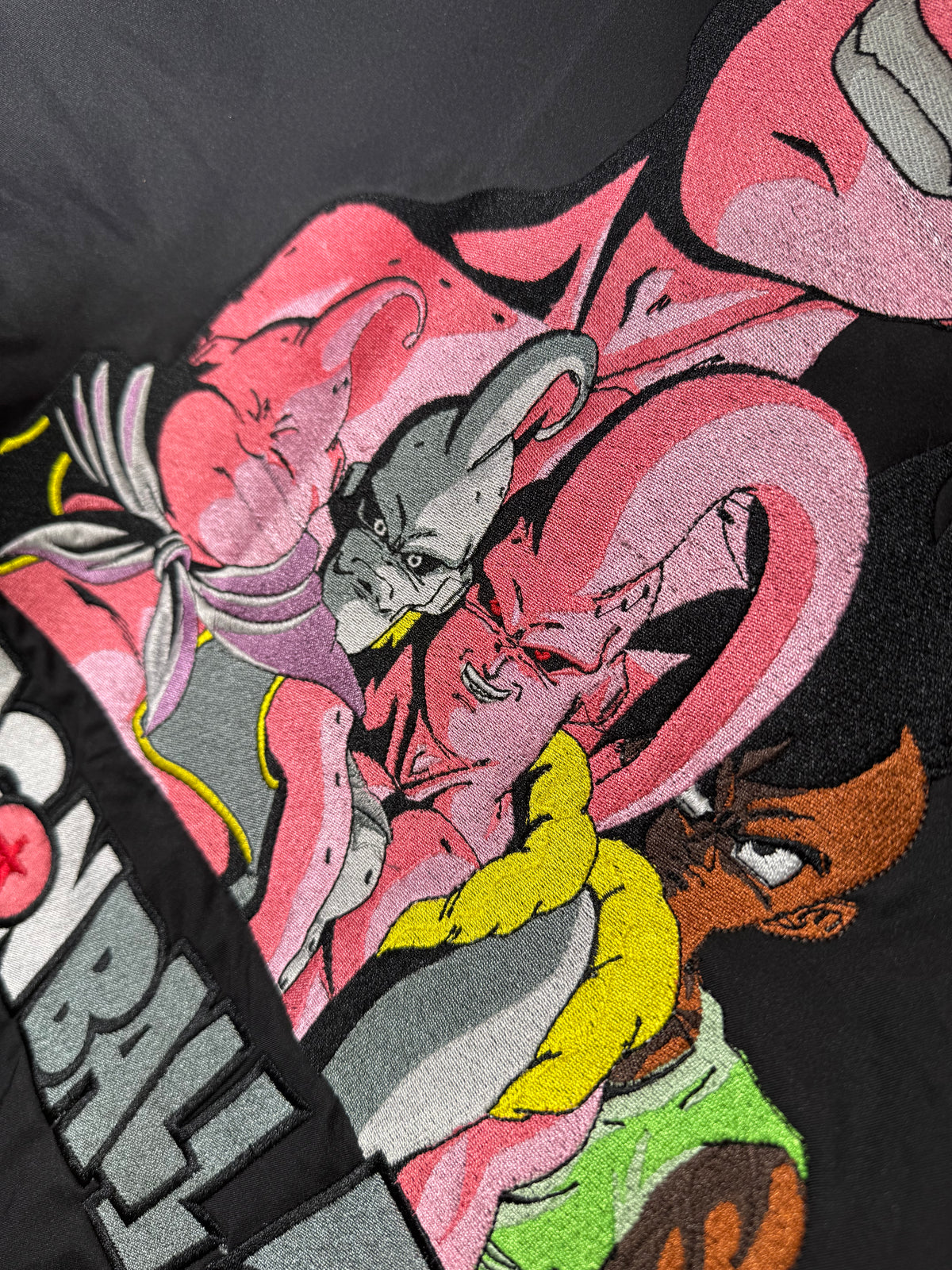 Black and Gray Varsity Jacket - Pink Shenron Embroidery Front - Majin Buu Embroidery Back