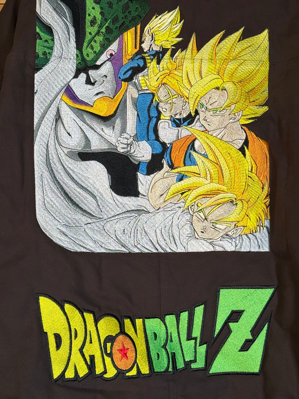 Brown Puffy Jacket - Dragon Ball Z Embroidery Front - Cell Games Embroidery Back
