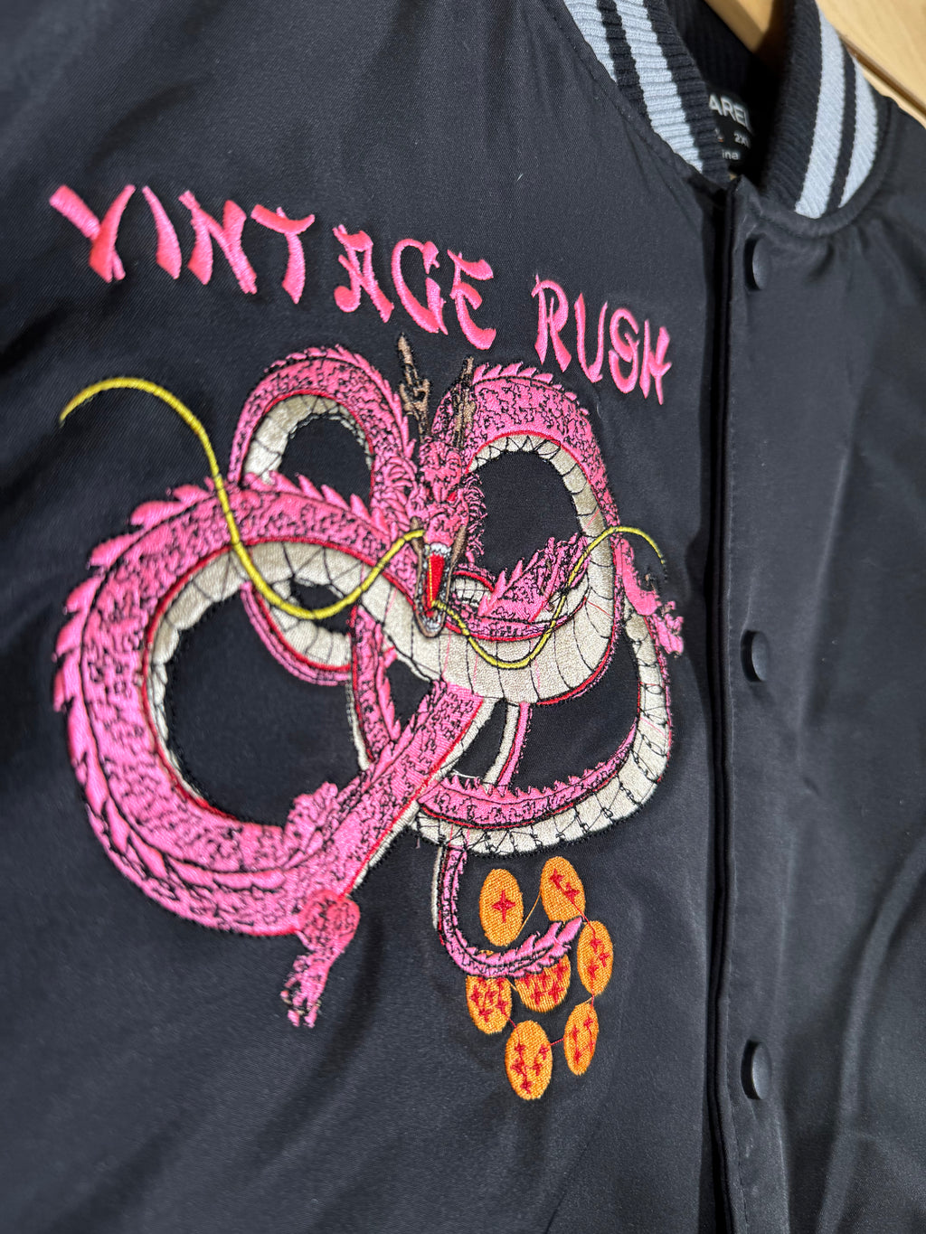 Black and Gray Varsity Jacket - Pink Shenron Embroidery Front - Majin Buu Embroidery Back