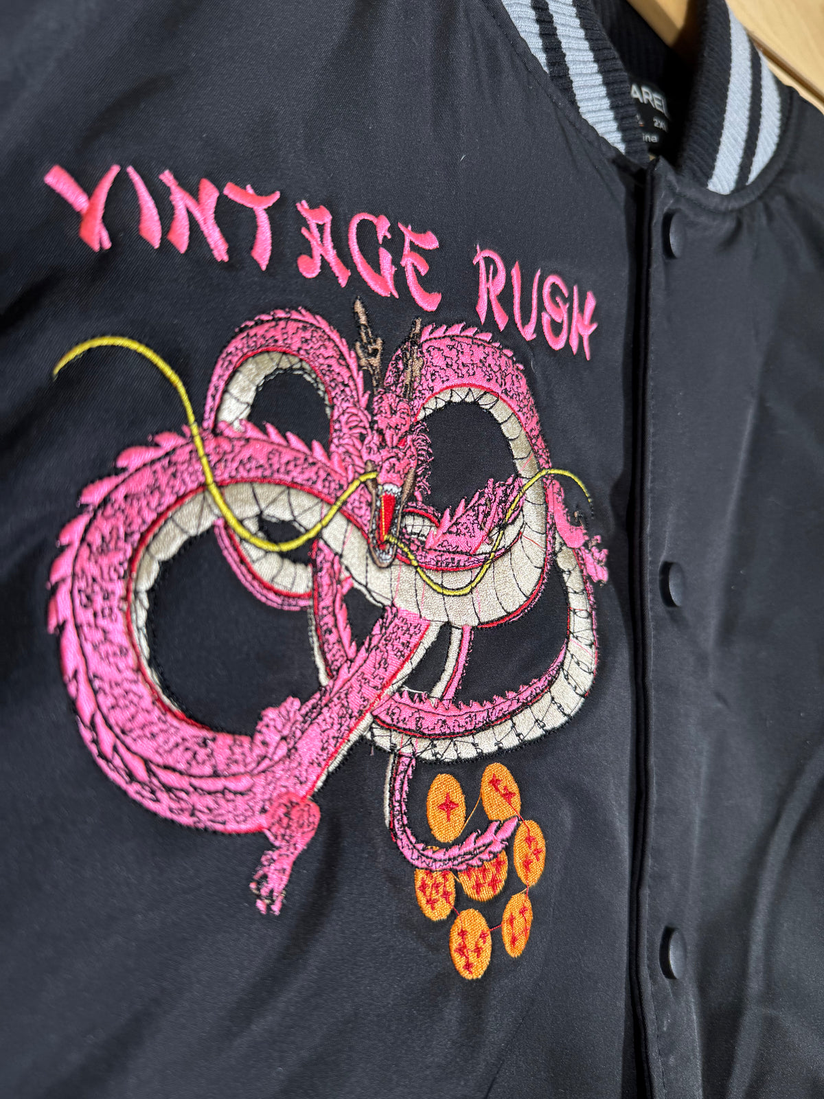 Black and Gray Varsity Jacket - Pink Shenron Embroidery Front - Majin Buu Embroidery Back
