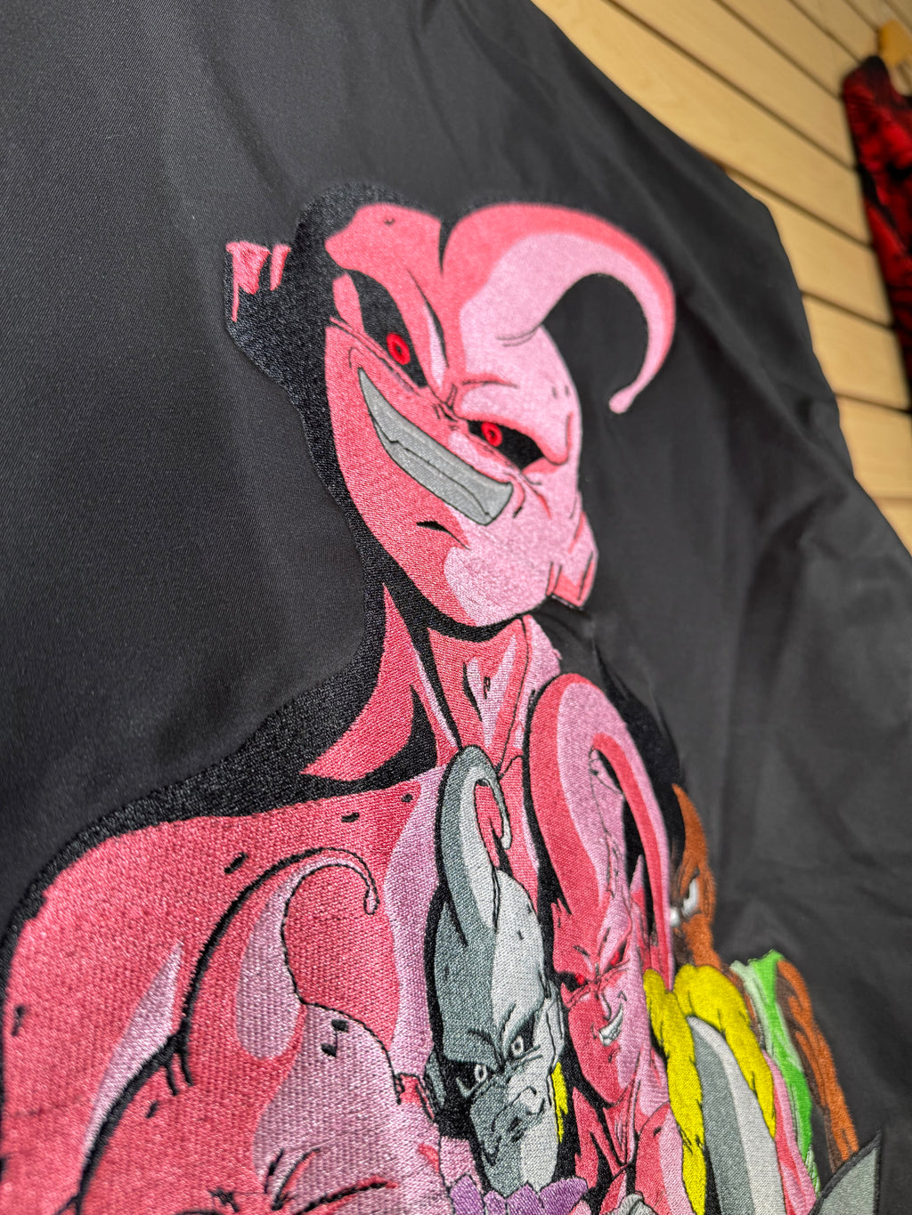Black and Gray Varsity Jacket - Pink Shenron Embroidery Front - Majin Buu Embroidery Back