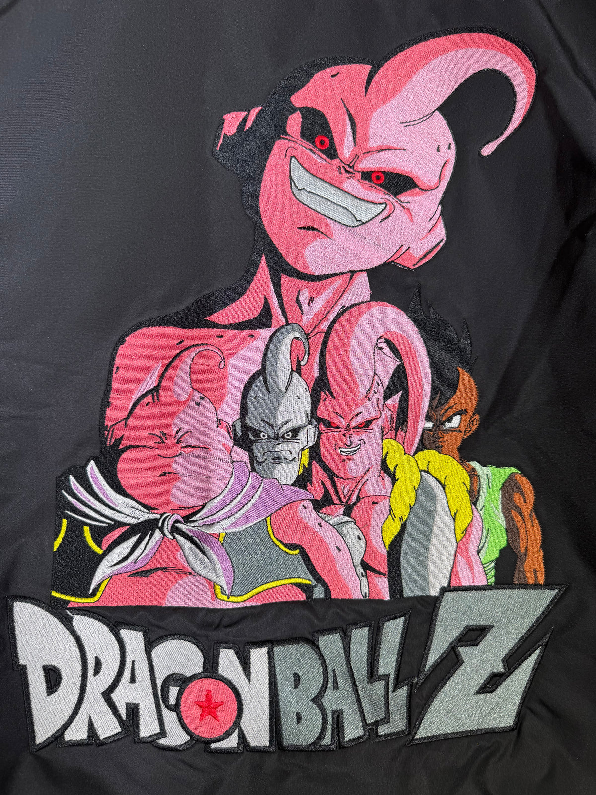 Black and Gray Varsity Jacket - Pink Shenron Embroidery Front - Majin Buu Embroidery Back