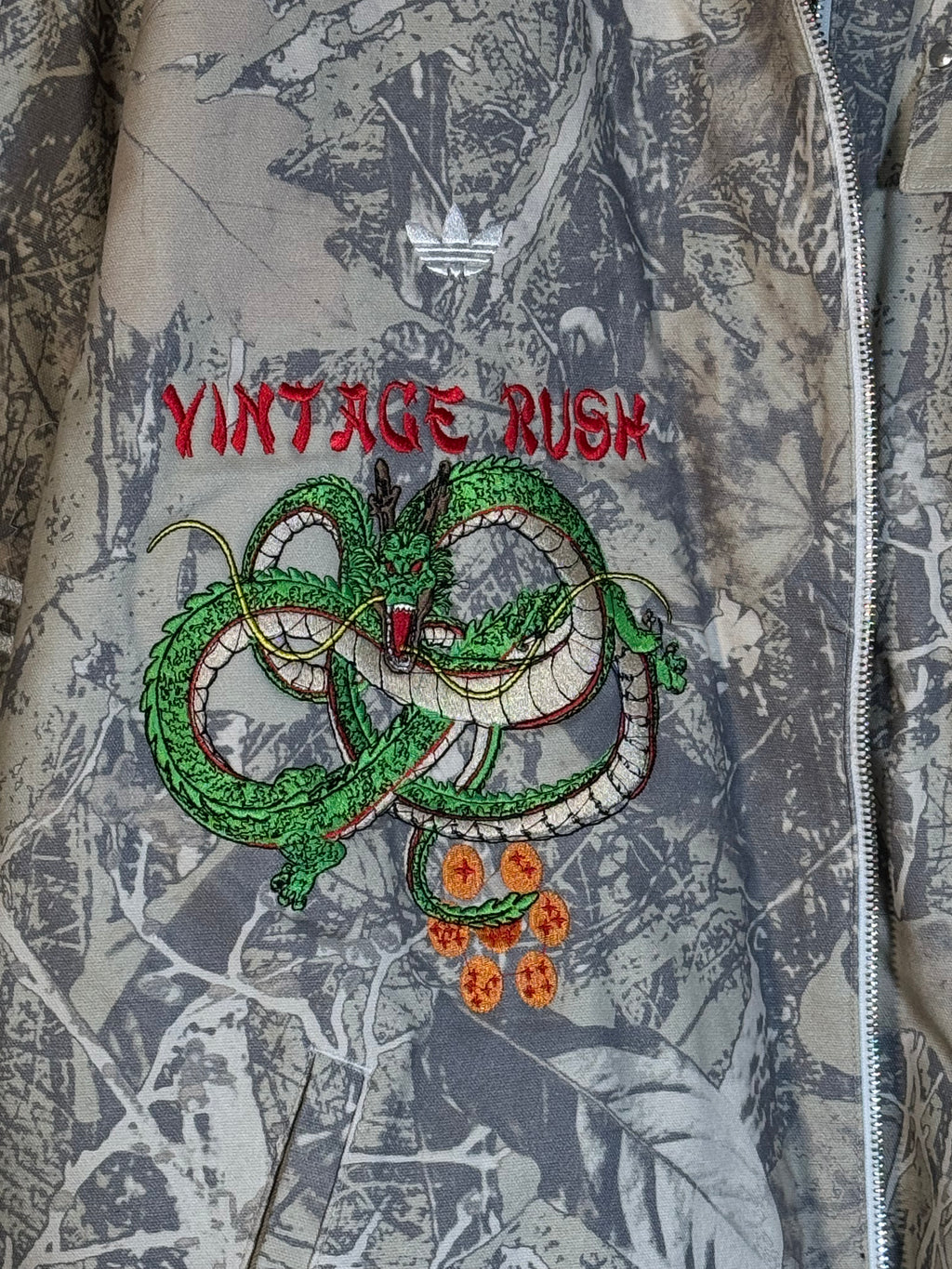 Forest Camo Puffy Jacket - Dragon Ball Z Embroidery Front - Cell Games Embroidery Back