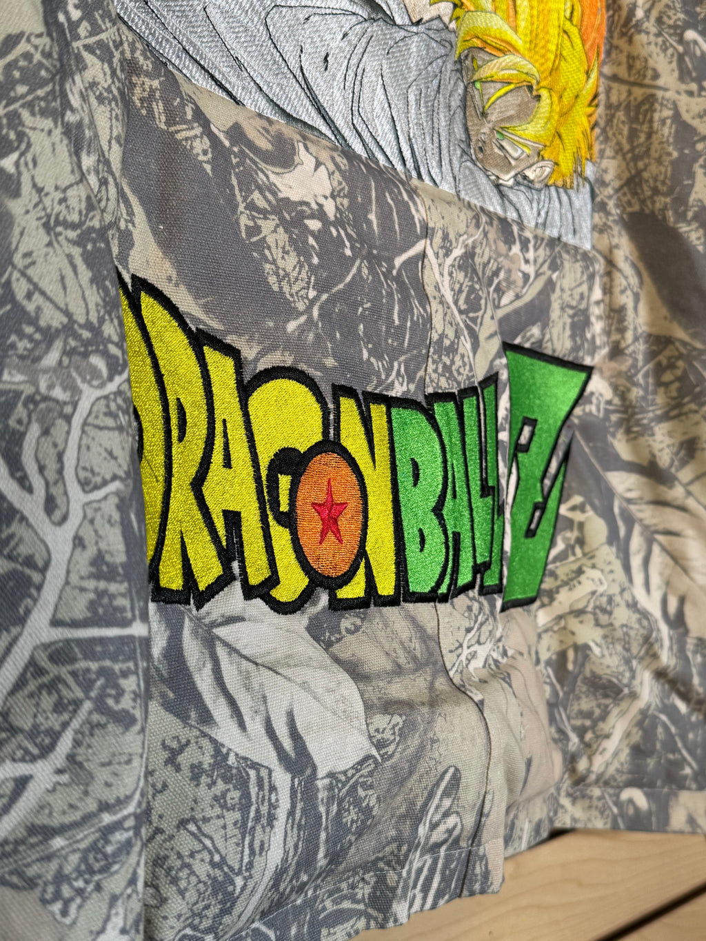 Forest Camo Puffy Jacket - Dragon Ball Z Embroidery Front - Cell Games Embroidery Back