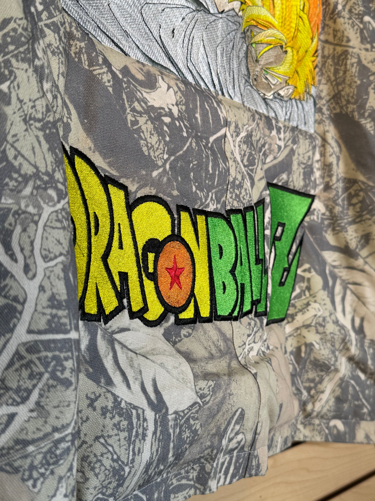 Forest Camo Puffy Jacket - Dragon Ball Z Embroidery Front - Cell Games Embroidery Back