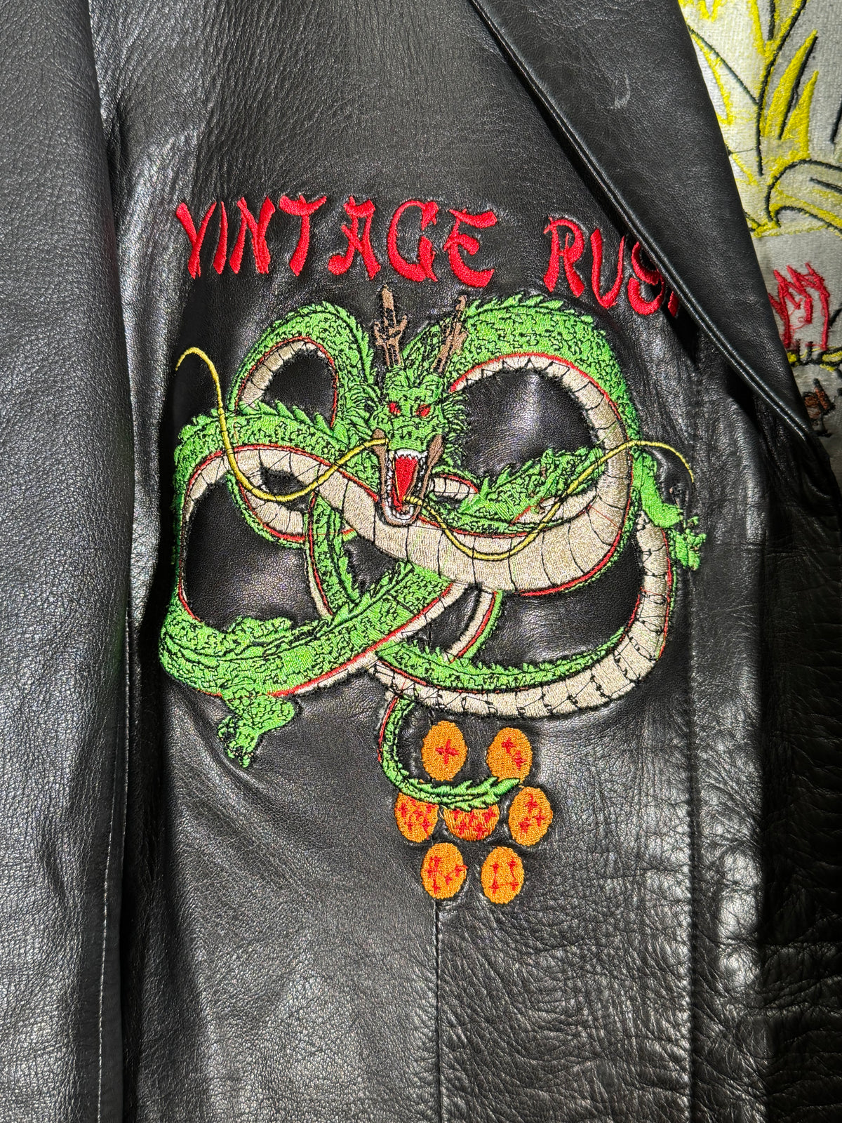 Authentic Gucci Black Long Leather Gucci Jacket - Shenron Embroidery Front - Gohan Embroidery Back