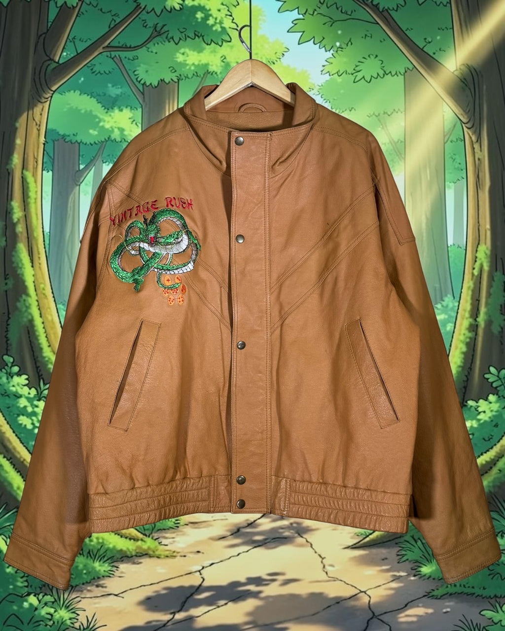 Light Brown Jacket Leather - Shenron Embroidery Front - Cell Games Embroidery Back