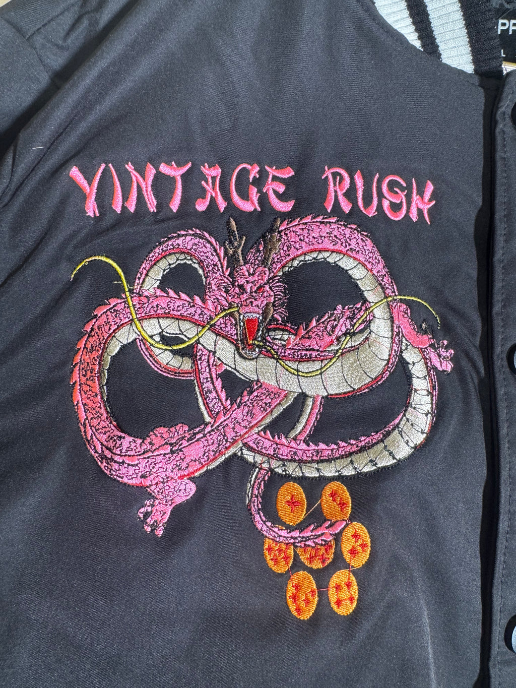 Black and White Varsity Jacket - Pink Shenron Embroidery Front - Majin Buu Embroidery Back