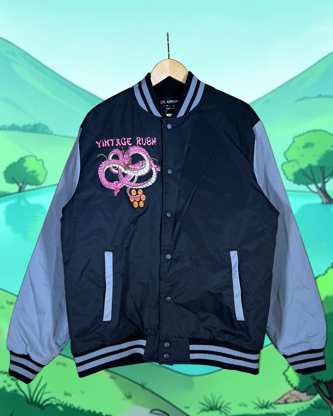 Black and Gray Varsity Jacket - Pink Shenron Embroidery Front - Majin Buu Embroidery Back