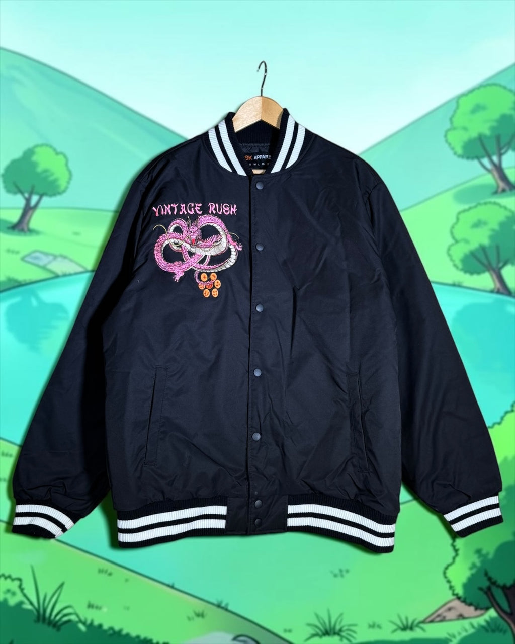 Black and White Varsity Jacket - Pink Shenron Embroidery Front - Majin Buu Embroidery Back