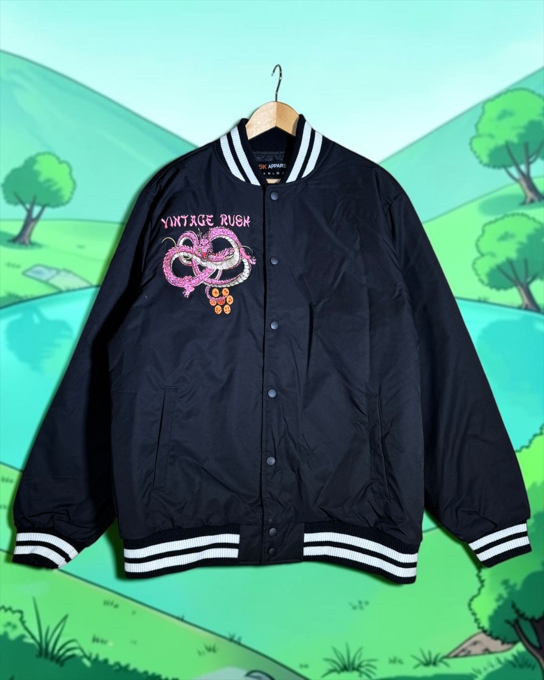 Black and White Varsity Jacket - Pink Shenron Embroidery Front - Majin Buu Embroidery Back