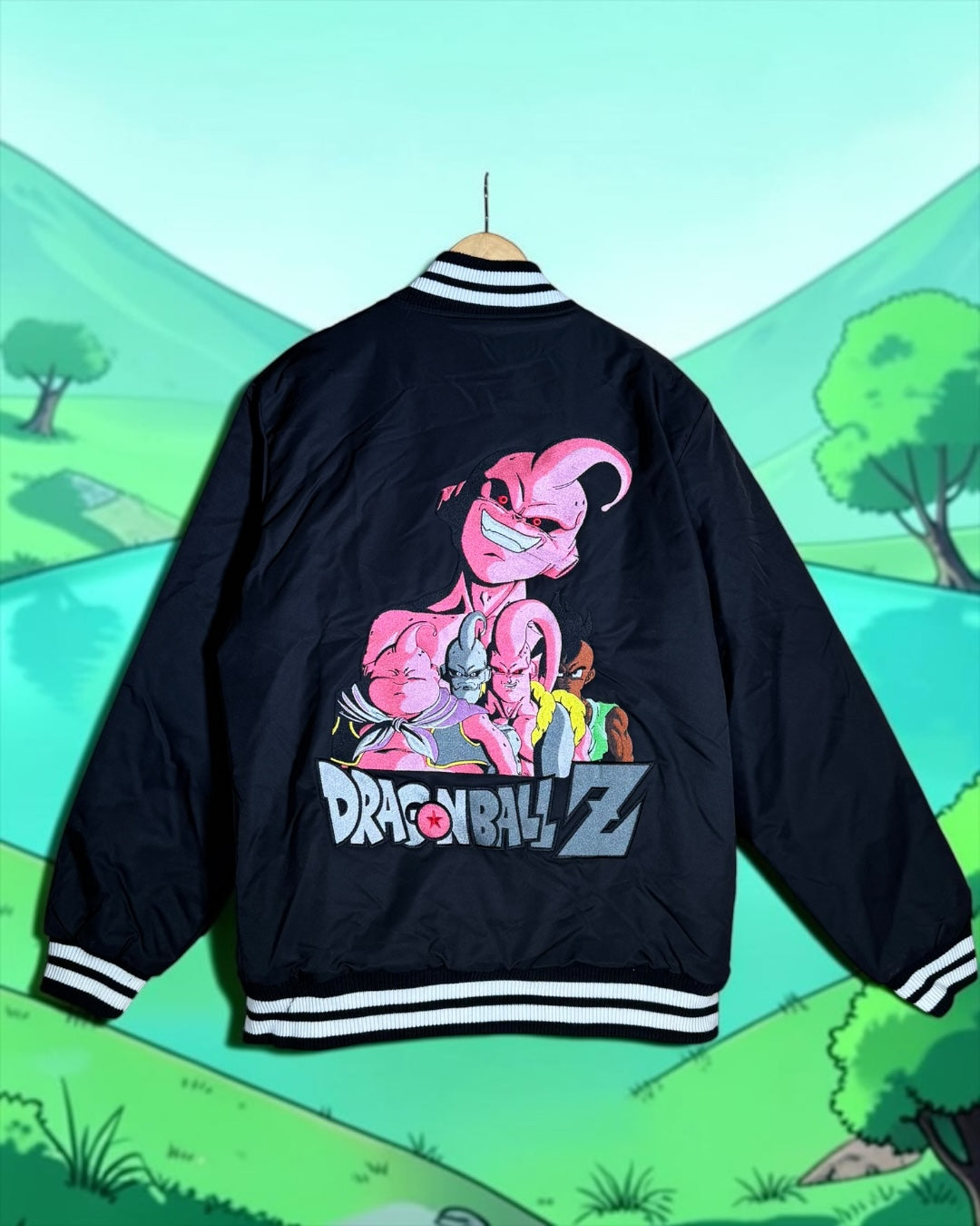Black and White Varsity Jacket - Pink Shenron Embroidery Front - Majin Buu Embroidery Back
