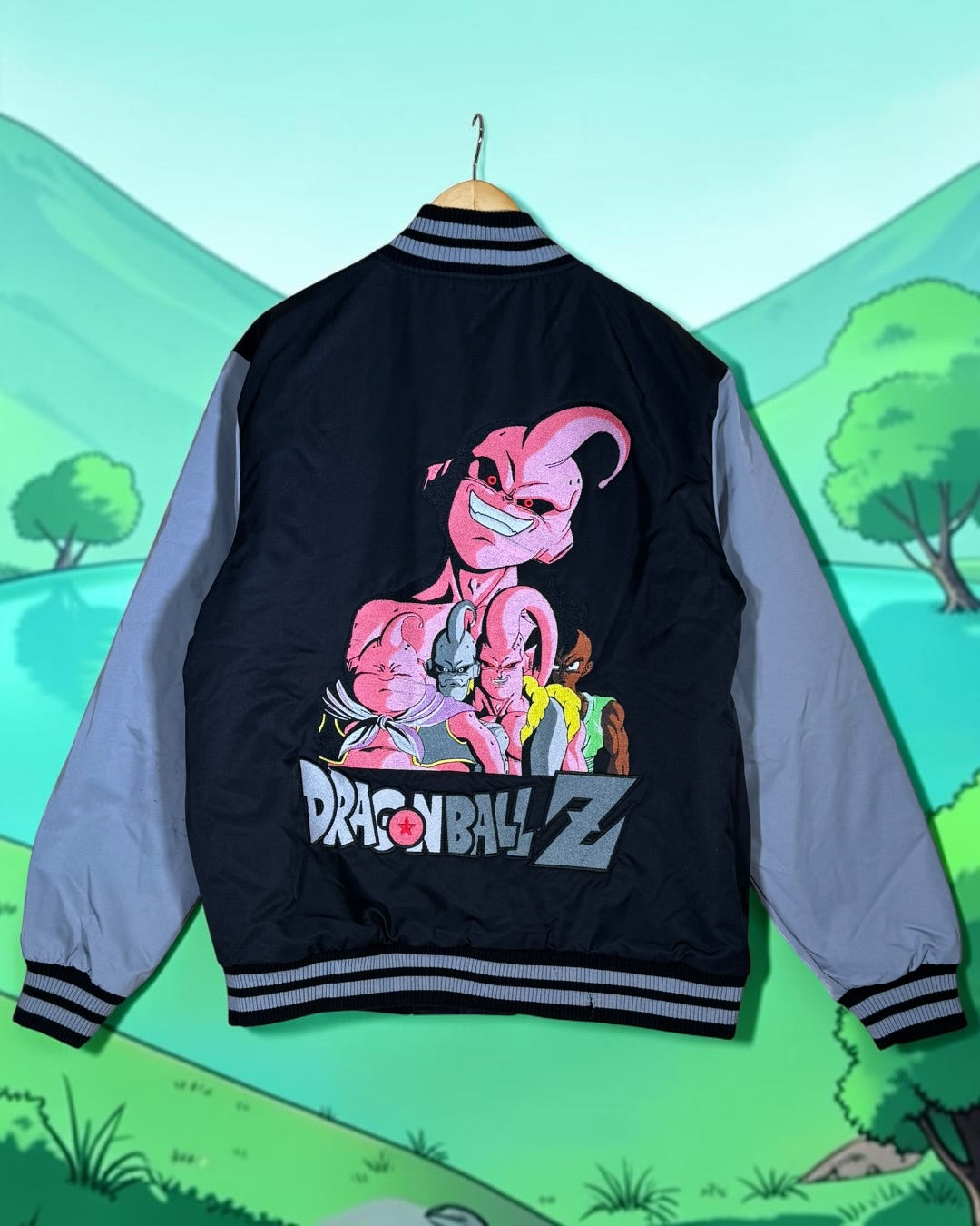 Black and Gray Varsity Jacket - Pink Shenron Embroidery Front - Majin Buu Embroidery Back