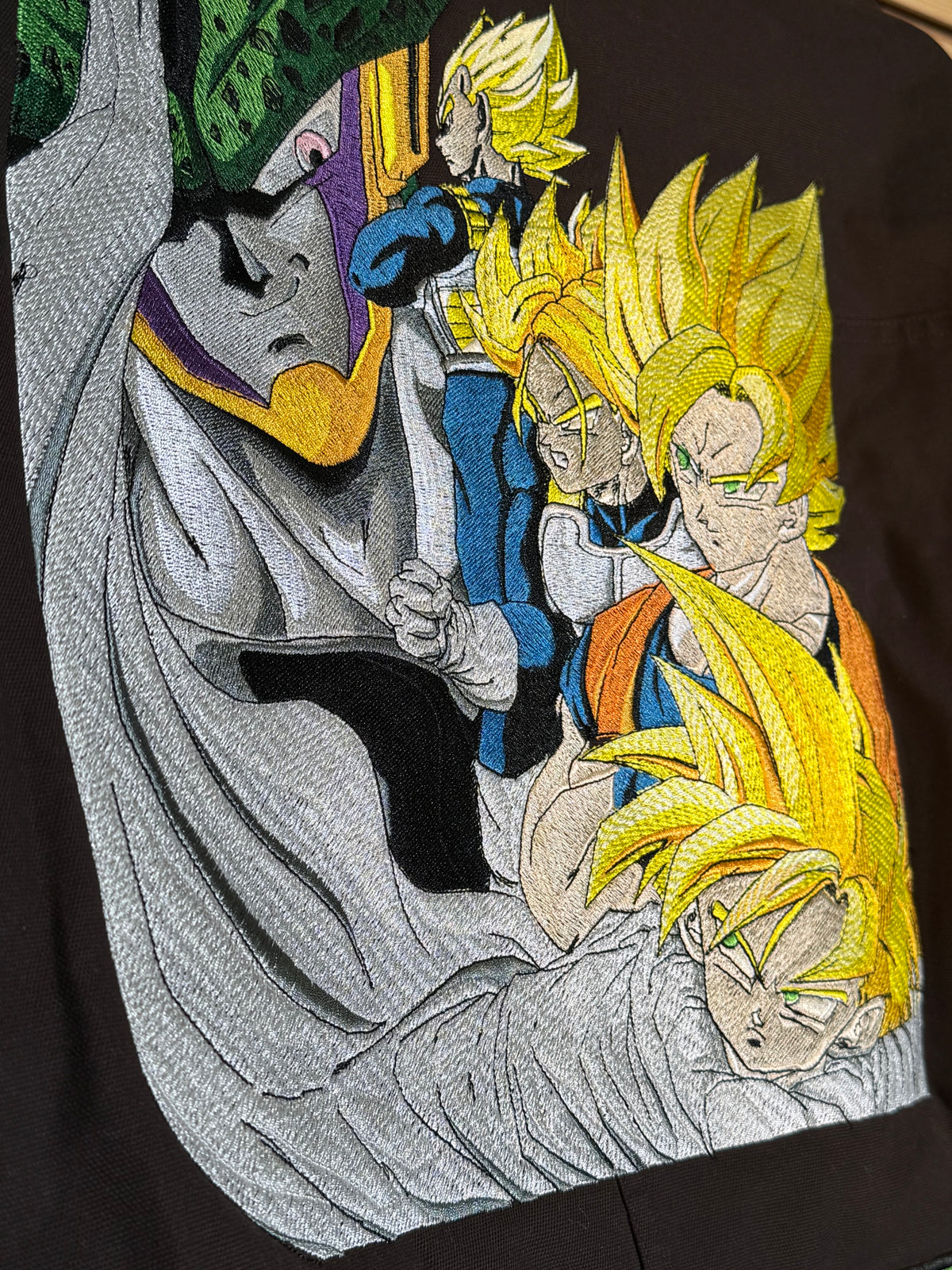 Brown Puffy Jacket - Dragon Ball Z Embroidery Front - Cell Games Embroidery Back