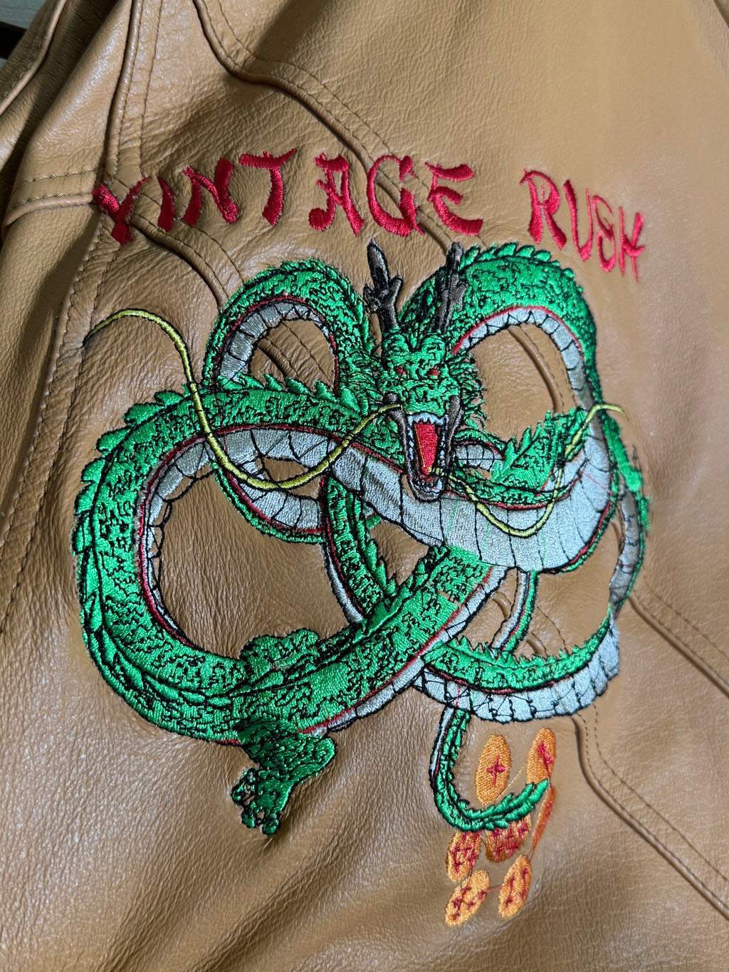 Light Brown Jacket Leather - Shenron Embroidery Front - Cell Games Embroidery Back