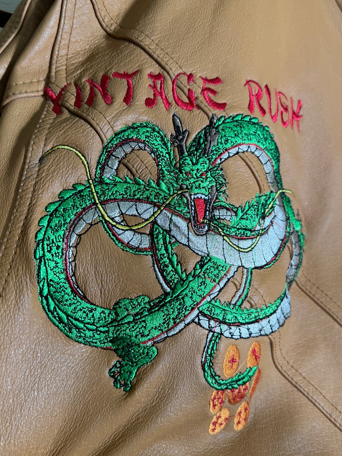 Light Brown Jacket Leather - Shenron Embroidery Front - Cell Games Embroidery Back