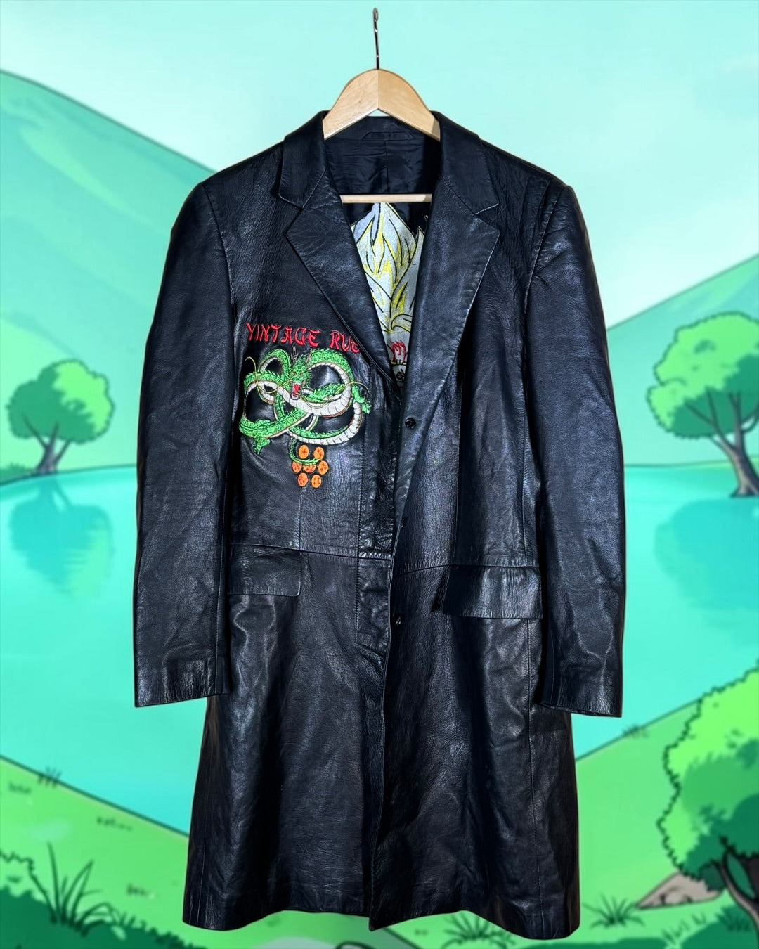 Authentic Gucci Black Long Leather Gucci Jacket - Shenron Embroidery Front - Gohan Embroidery Back