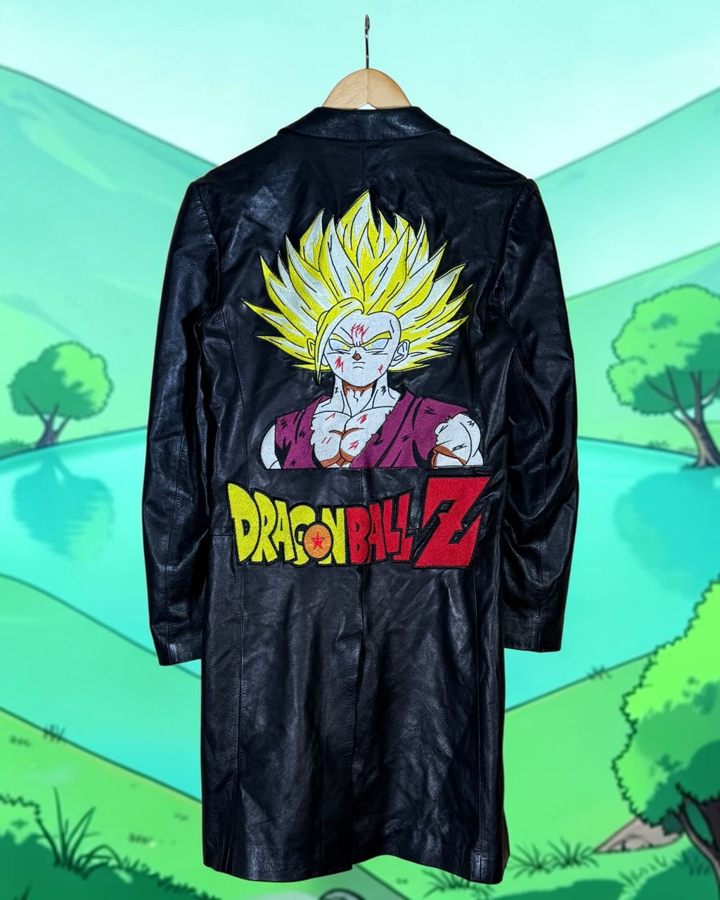 Authentic Gucci Black Long Leather Gucci Jacket - Shenron Embroidery Front - Gohan Embroidery Back