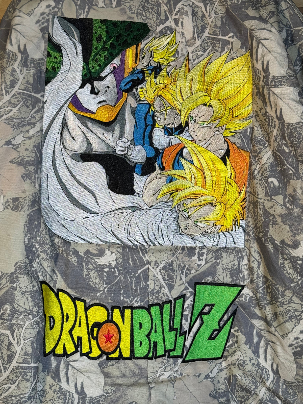 Forest Camo Puffy Jacket - Dragon Ball Z Embroidery Front - Cell Games Embroidery Back