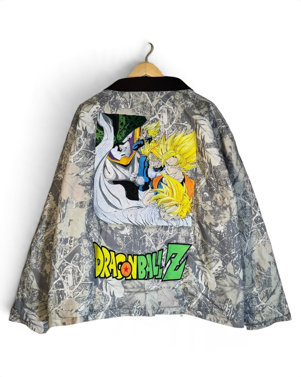 Forest Camo Puffy Jacket - Dragon Ball Z Embroidery Front - Cell Games Embroidery Back